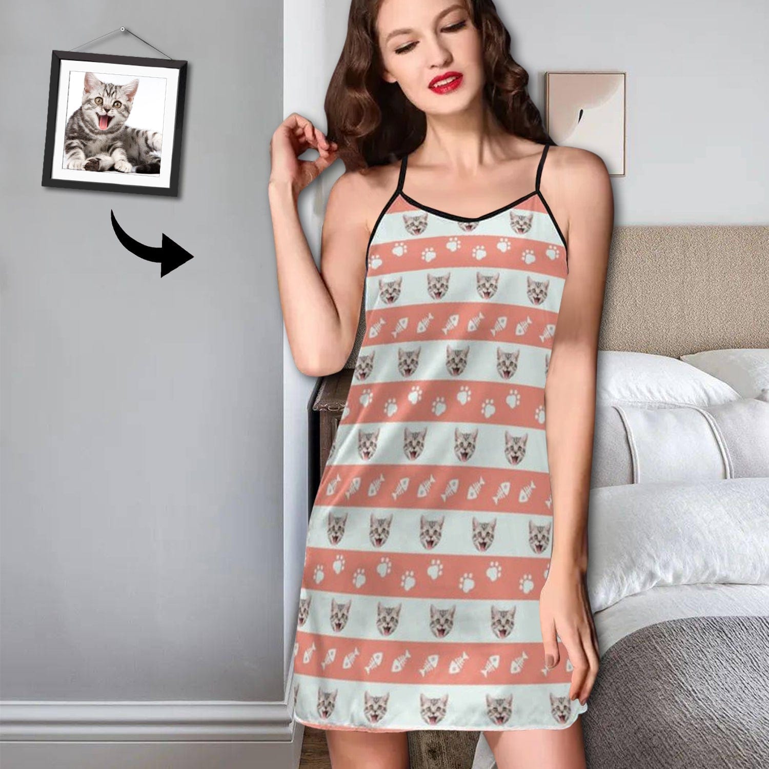 FacePajamas Pajama-2ML-SDS S Custom Pet Cat Face Paw Print Fish Bones Nightgown for Women Loose Sleepwear V Neck Pajama Dress Soft Nightshirt Sleeveless Nightdress Chemise