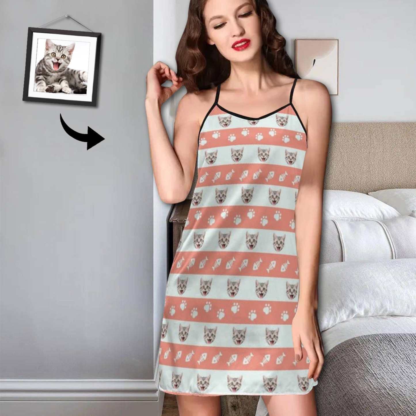 FacePajamas Pajama-2ML-SDS S Custom Pet Cat Face Paw Print Fish Bones Nightgown for Women Loose Sleepwear V Neck Pajama Dress Soft Nightshirt Sleeveless Nightdress Chemise