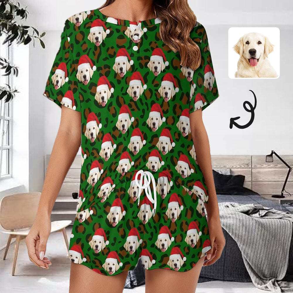 FacePajamas Womens Short Crew Neck-SDS S Custom Pet Dog Face Pajamas Leopard Print Green Pajama Set Women's Short Sleeve Top and Shorts Loungewear