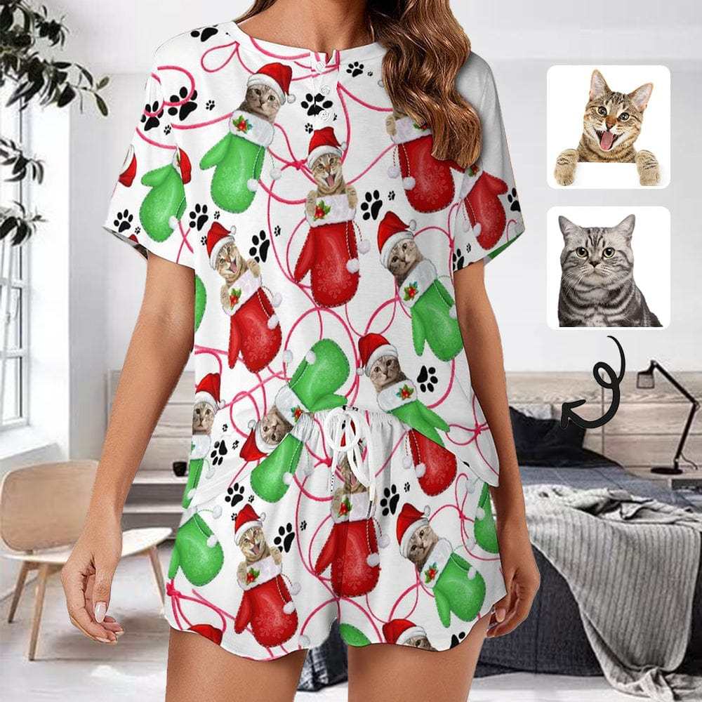 FacePajamas Womens Short Crew Neck-SDS S Custom Pet Face Pajamas Cat Gloves Pajama Set Women's Short Sleeve Top and Shorts Loungewear