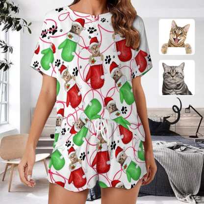 FacePajamas Womens Short Crew Neck-SDS S Custom Pet Face Pajamas Cat Gloves Pajama Set Women's Short Sleeve Top and Shorts Loungewear