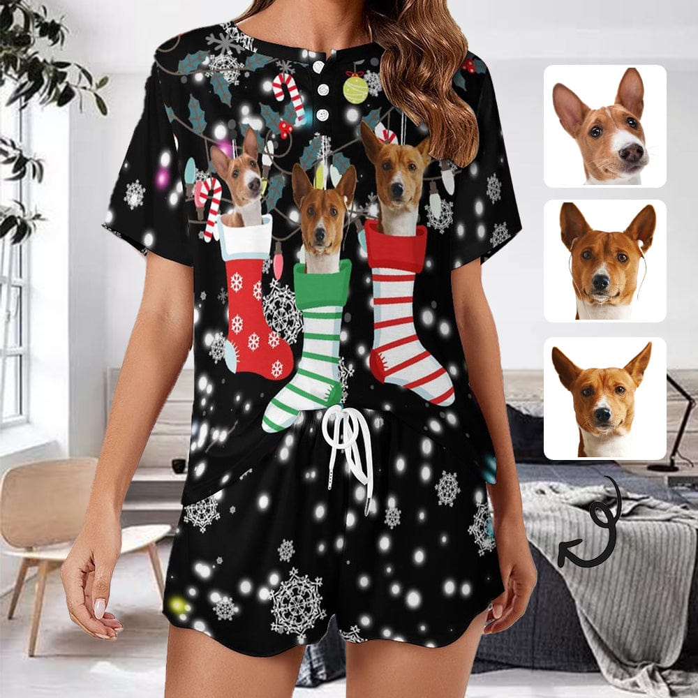 FacePajamas Womens Short Crew Neck-SDS S Custom Pet Face Pajamas Dog Christmas Socks Pajama Set Women's Short Sleeve Top and Shorts Loungewear