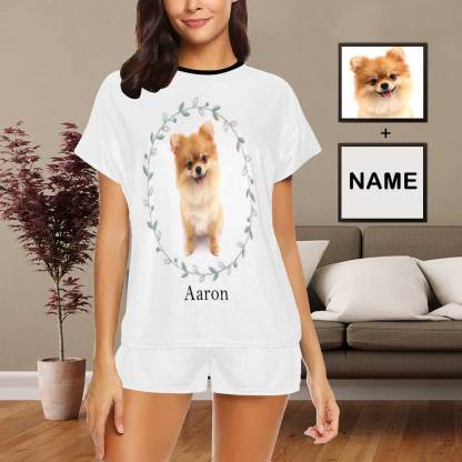 FacePajamas Pajama S Custom Photo&Name Pajamas Grass Circle Loungewear Personalized Pet Photo Women's Short Pajama Set