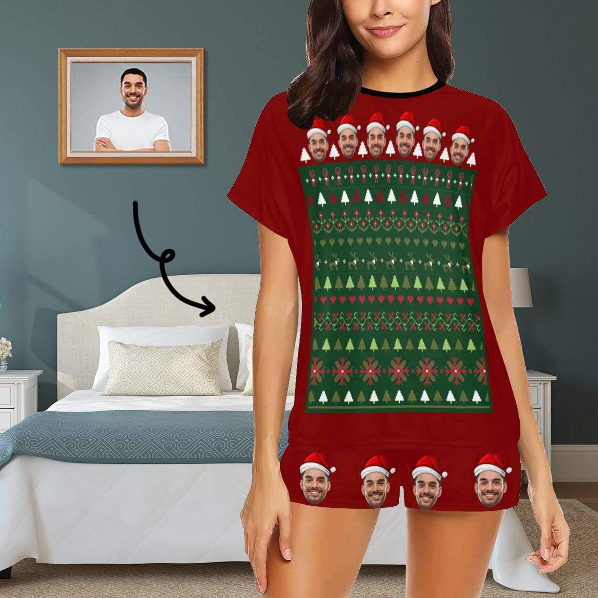 FacePajamas Pajama S Custom Womens Christmas Pajamas Loungewear Personalized Face Christmas Tree Women's Short Pajama Set