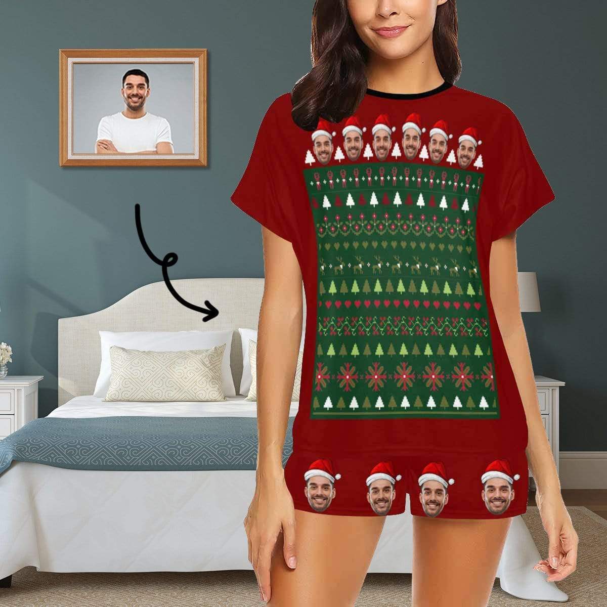 FacePajamas Pajama S Custom Womens Christmas Pajamas Loungewear Personalized Face Christmas Tree Women's Short Pajama Set
