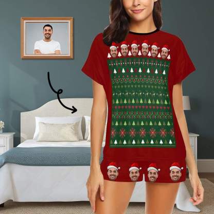 FacePajamas Pajama S Custom Womens Christmas Pajamas Loungewear Personalized Face Christmas Tree Women's Short Pajama Set