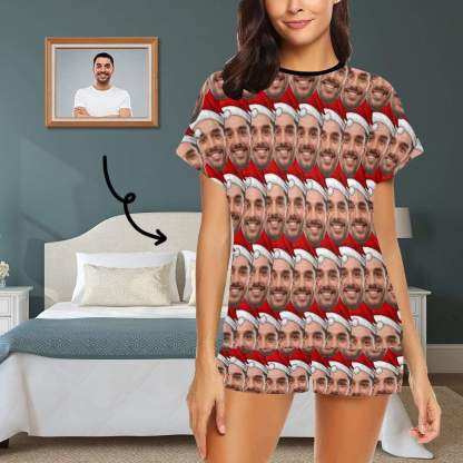 FacePajamas Pajama S Custom Womens Christmas Pajamas Personalized Face Seamless Christmas Hat Women's Short Pajama Set