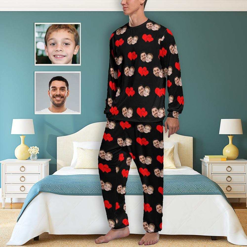 FacePajamas Pajama S Father's Photo Pajamas Custom Face Dad Love Kids Love Heart Men's Pajamas Personalized Pajama Set Funny Long Sleeve Nightwear