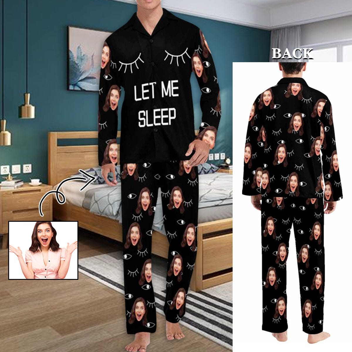 FacePajamas S Pajama Shirt&Pajama Pants-Custom Face Pajamas Let Me Sleep Men's Sleepwear Personalized Photo Men's V-Neck Long Pajama Set