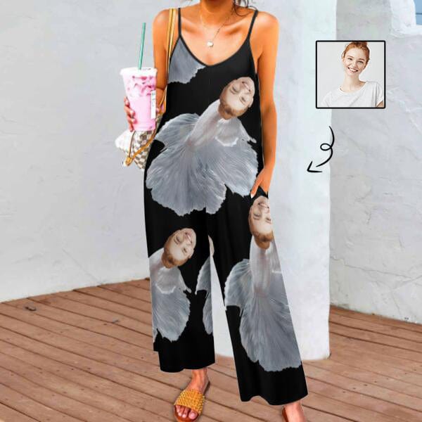 FacePajamas Pajama-2ML-SDS S Persoanlized Sleepwear Custom Face Loungewear with Photo On Them White Mermaid Women's Suspender Jumpsuit Loungewear