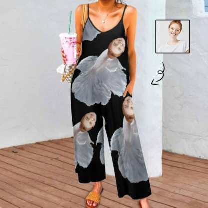 FacePajamas Pajama-2ML-SDS S Persoanlized Sleepwear Custom Face Loungewear with Photo On Them White Mermaid Women's Suspender Jumpsuit Loungewear