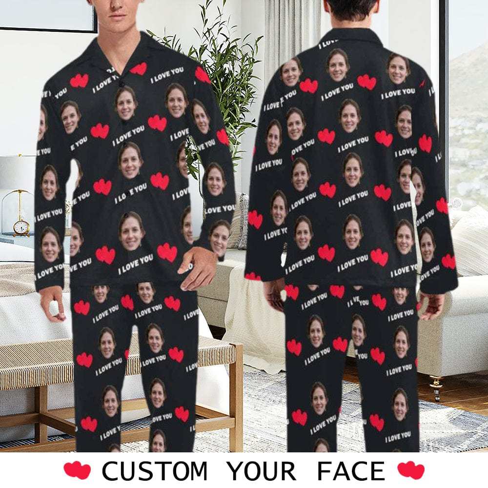 FacePajamas Pajama Men's Long Pajama Set / S Custom Face I Love You Black Background Sleepwear Personalized Women's Long Pajama Set