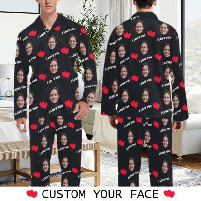 FacePajamas Pajama Men's Long Pajama Set / S Custom Face I Love You Black Background Sleepwear Personalized Women's Long Pajama Set