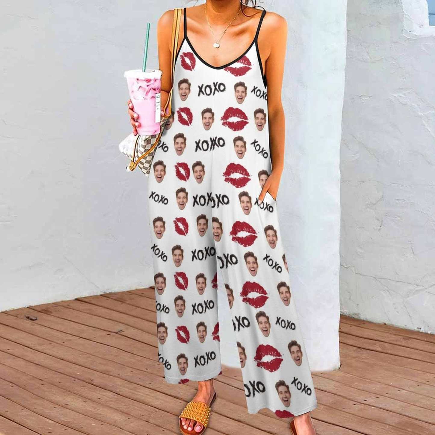 FacePajamas Pajama-2ML-SDS S Persoanlized Sleepwear Custom Photo Funny Loungewear With Faces On Them Women's Red Lips  Suspender Jumpsuit Loungewear