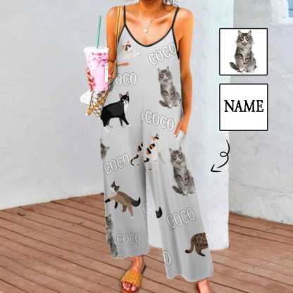 FacePajamas Pajama-2ML-SDS S Persoanlized Sleepwear Custom Photo & Name Loungewear with Cat Picture On Them Women's Suspender Jumpsuit Loungewear