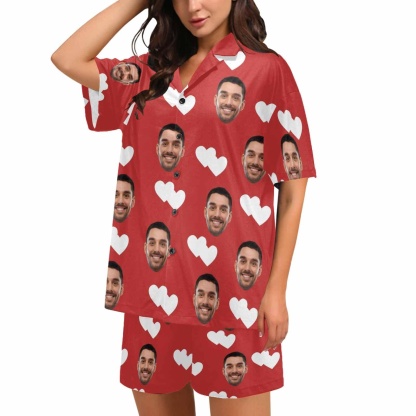 FacePajamas Pajama S Personalized Pajamas with Photo Sleepwear Custom Face Double White Love Women's V-Neck Short Pajama Set