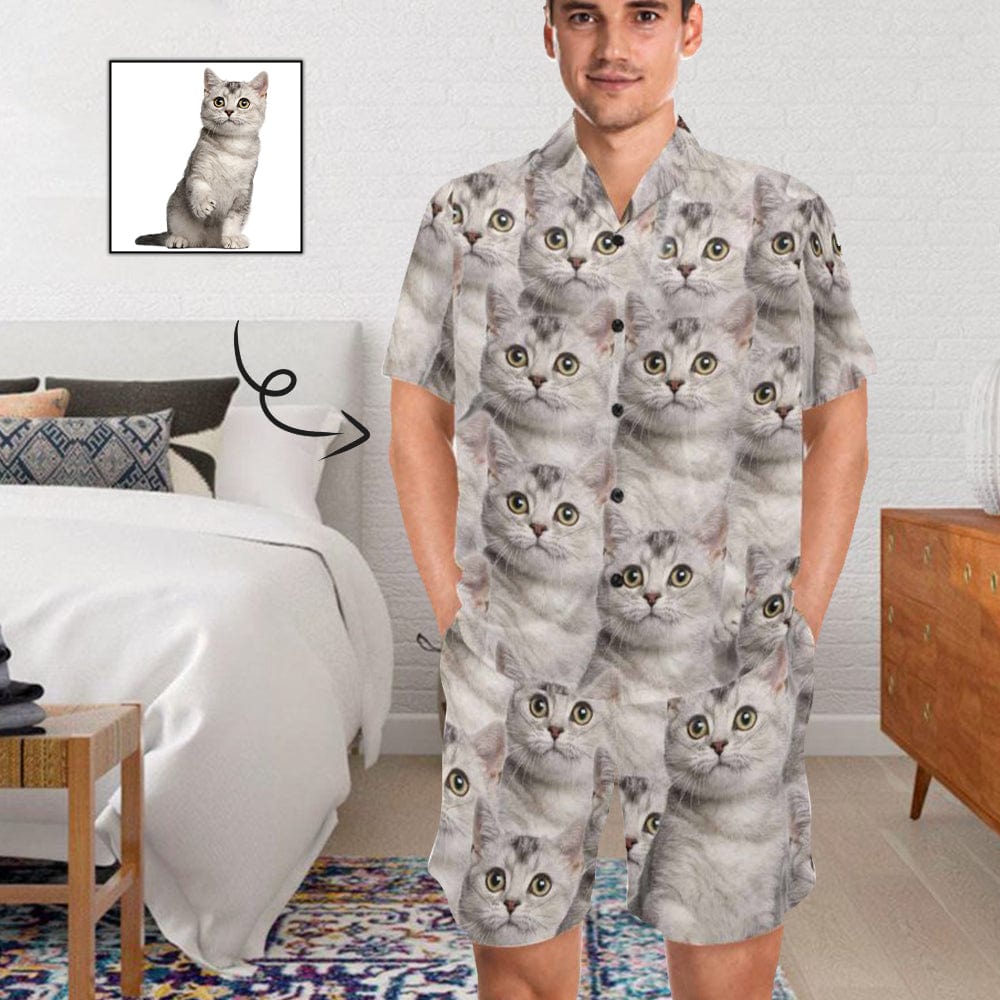 FacePajamas Pajama S Personalized Pet Pajamas Summer Loungewear Custom Photo Cat Seamless Men's V-Neck Short Sleeve Pajama Set