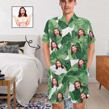 FacePajamas Pajama S Personalized Photo Pajamas For Men Summer Loungewear Custom Leaves Men's V-Neck Short Sleeve Pajama Set