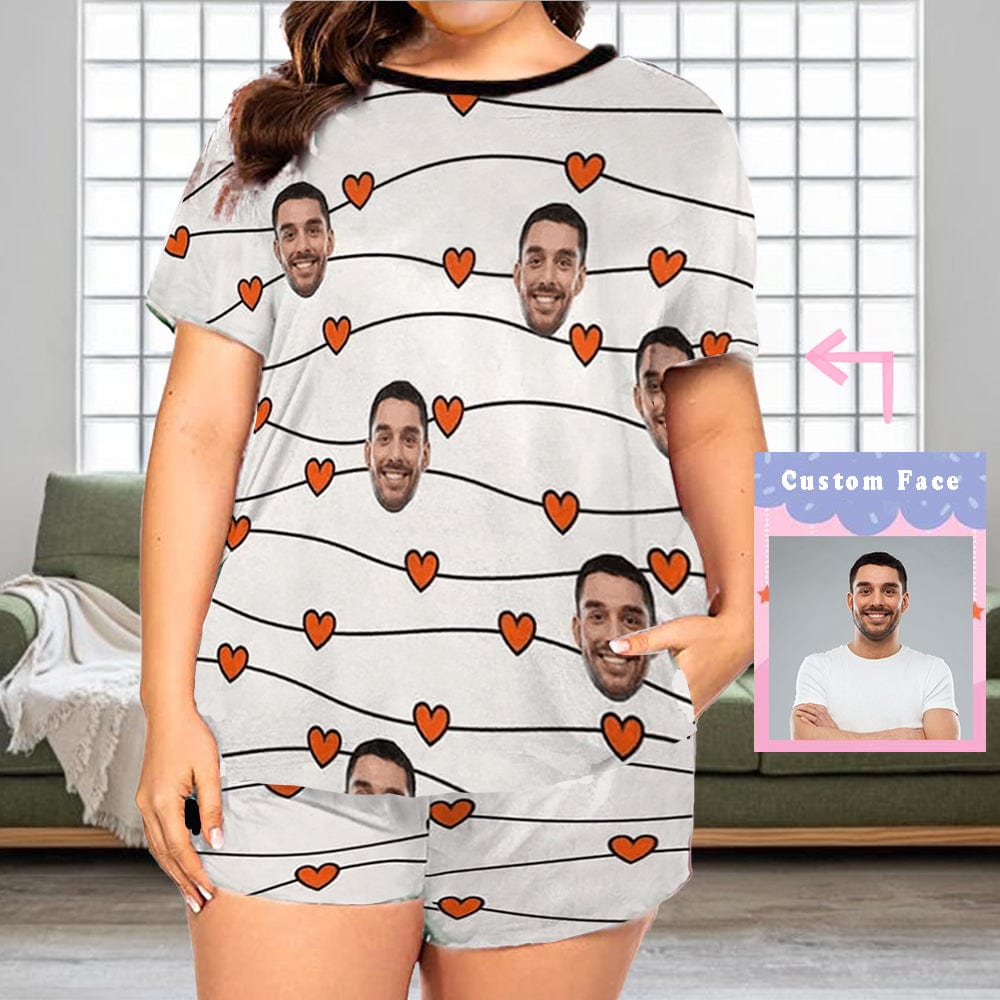 FacePajamas Pajama S #Plus Size Pajamas-Custom Face Pajamas for Women Love Heart Shape Sleepwear Personalized Women's Short Pajama Set