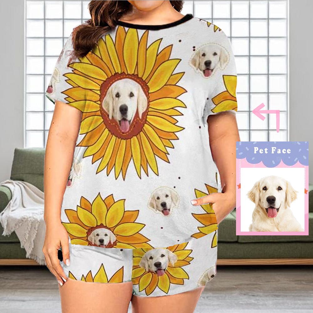 FacePajamas Pajama S #Plus Size Pajamas-Custom Womens Short Pajamas Yellow Sunflower Loungewear Face Personalized Women's Short Pajama Set