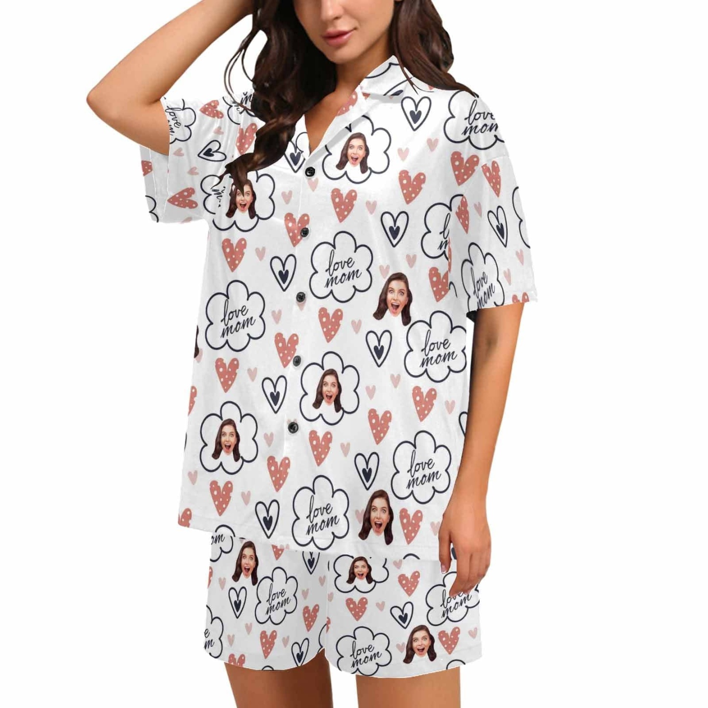 FacePajamas Pajama S [Special Sale] Custom Face Love MOM Women's V-Neck Short Pajama Set Mother's Day & Birthday Gift