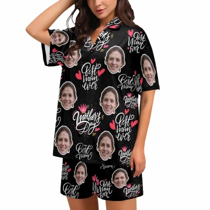 FacePajamas Pajama S [Special Sale] Custom Face Love MOM Women's V-Neck Short Pajama Set Mother's Day & Birthday Gift