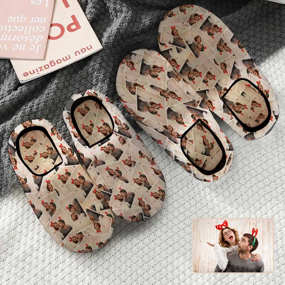 FacePajamas Slippers Seamless Custom Couple Photo All Over Print Personalized Non-Slip Cotton Slippers For Couple Girlfriend Boyfriend