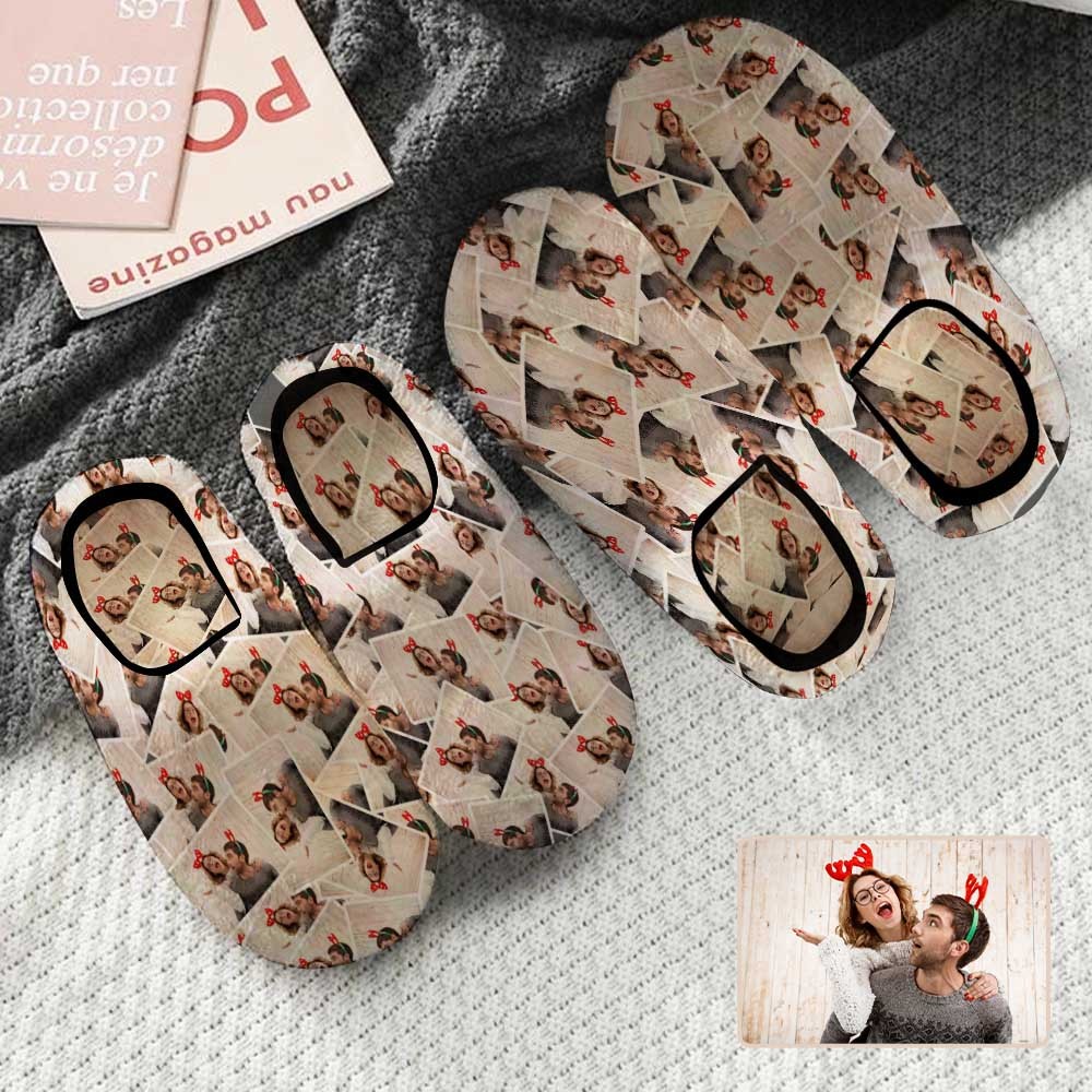 FacePajamas Slippers Seamless Custom Couple Photo All Over Print Personalized Non-Slip Cotton Slippers For Couple Girlfriend Boyfriend