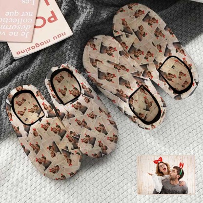 FacePajamas Slippers Seamless Custom Couple Photo All Over Print Personalized Non-Slip Cotton Slippers For Couple Girlfriend Boyfriend