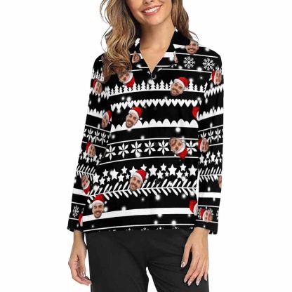 FacePajamas Pajama Shirt / Black / XS Custom Face Christmas Snowflake Tree Women's Long Pajama Set Pajama Top&Pajama Bottom