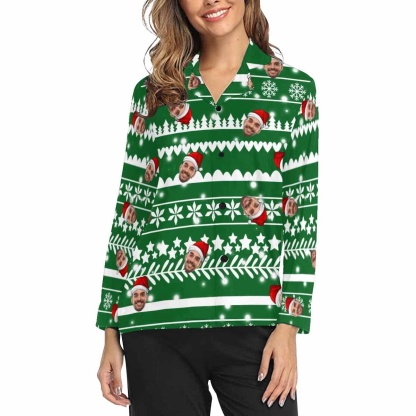 FacePajamas Pajama Shirt / Green / XS Custom Face Christmas Snowflake Tree Women's Long Pajama Set Pajama Top&Pajama Bottom