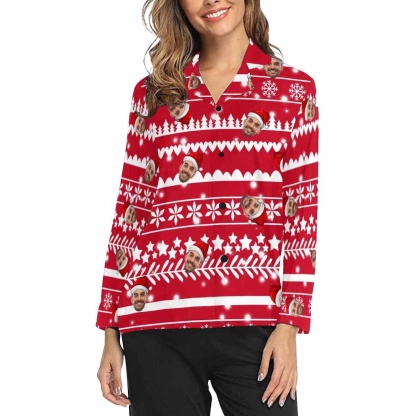 FacePajamas Pajama Shirt / Red / XS Custom Face Christmas Snowflake Tree Women's Long Pajama Set Pajama Top&Pajama Bottom