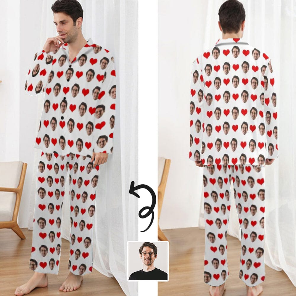 FacePajamas Pajama Soft Long Sleeve Pajamas for Men-Custom Face Red Heart Pajamas Personalized Men's V-Neck Long Sleeve Pajama Set Gift for Him
