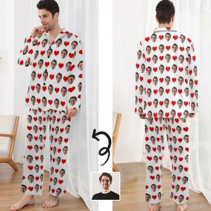 FacePajamas Pajama Soft Long Sleeve Pajamas for Men-Custom Face Red Heart Pajamas Personalized Men's V-Neck Long Sleeve Pajama Set Gift for Him
