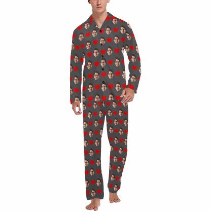 FacePajamas Pajama Soft Long Sleeve Pajamas for Men-Custom Face Red Heart Pajamas Personalized Men's V-Neck Long Sleeve Pajama Set Gift for Him