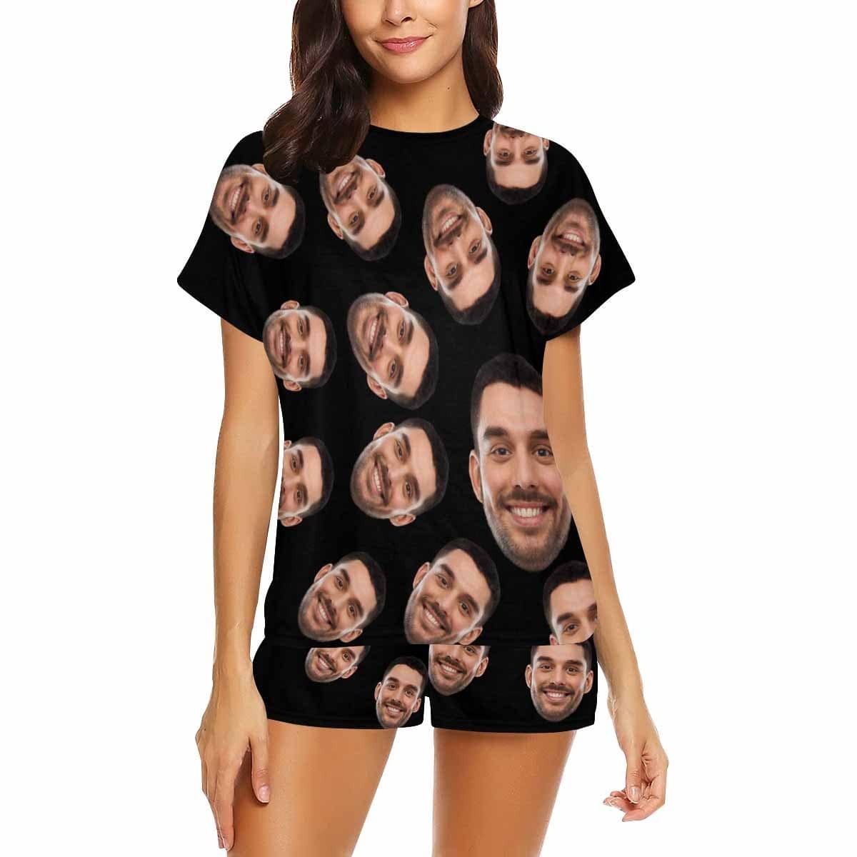 FacePajamas Pajama [Special Sale] Custom Black Pajamas Boyfriend Face Sleepwear Personalized Women's Short Crew Neck Pajama Set