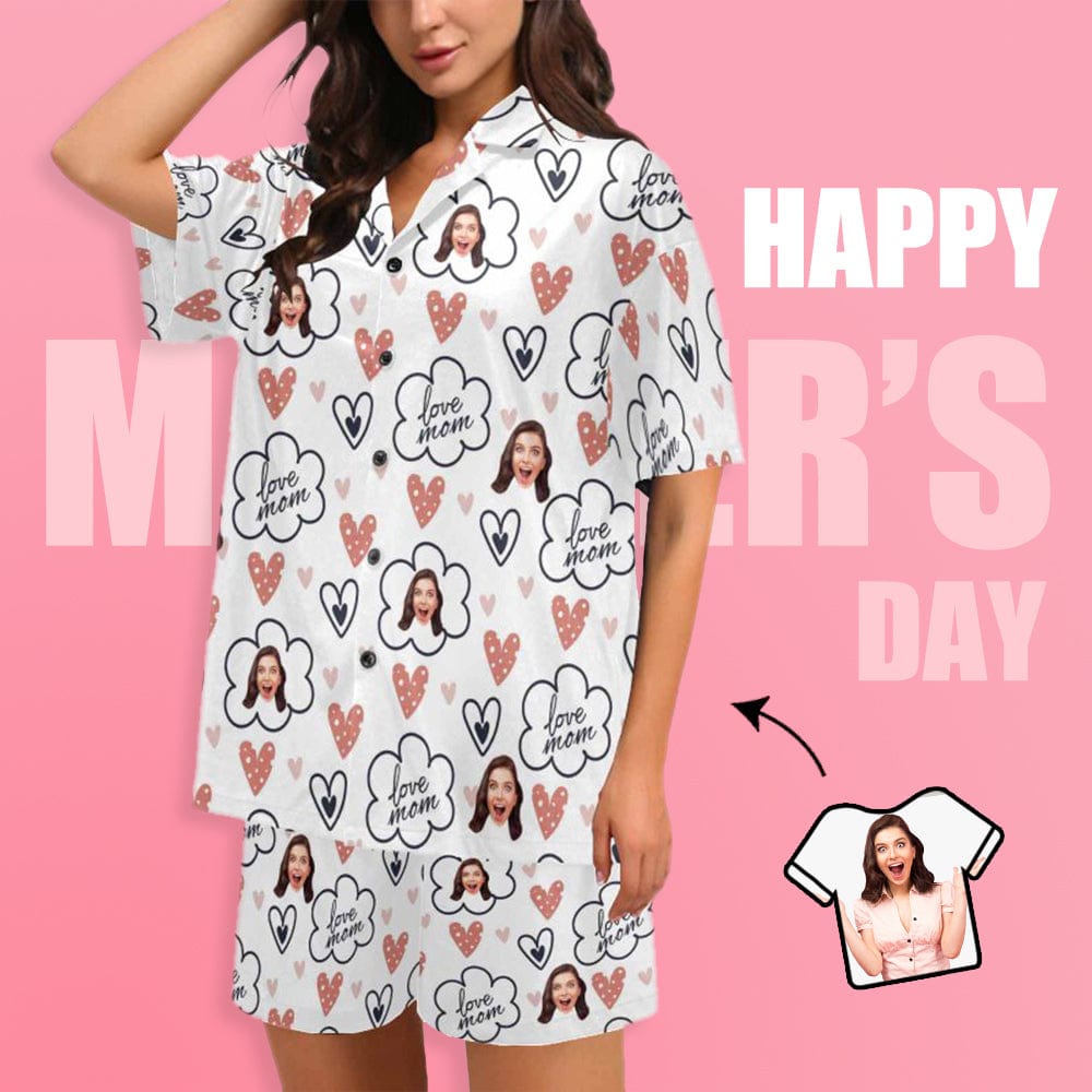 FacePajamas Pajama [Special Sale] Custom Face Love MOM Women's V-Neck Short Pajama Set Mother's Day & Birthday Gift