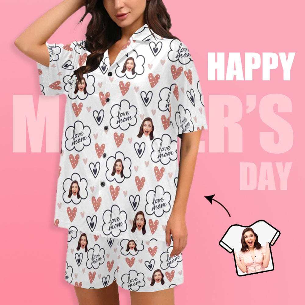 FacePajamas Pajama [Special Sale] Custom Face Love MOM Women's V-Neck Short Pajama Set Mother's Day & Birthday Gift