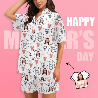 FacePajamas Pajama [Special Sale] Custom Face Love MOM Women's V-Neck Short Pajama Set Mother's Day & Birthday Gift