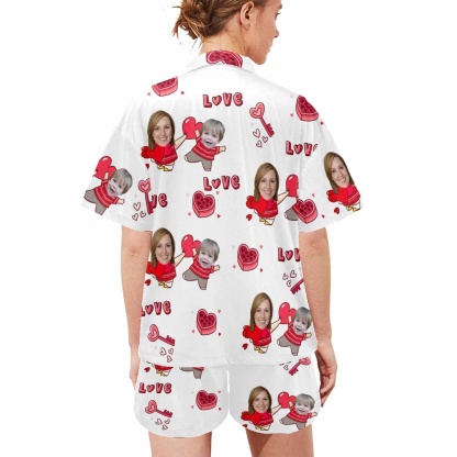 FacePajamas Pajama [Special Sale] Custom Face Pajamas Love MOM&BABY Sleepwear Personalized Women's V-Neck Short Pajama Set Mother's Day & Birthday Gift