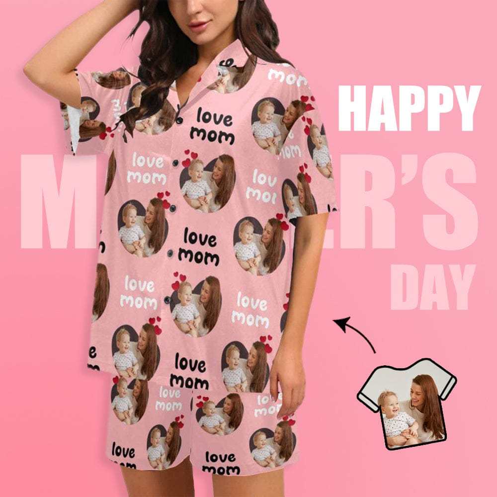 FacePajamas Pajama [Special Sale] Custom Photo Love MOM Women's V-Neck Short Pajama Set Mother's Day & Birthday Gift
