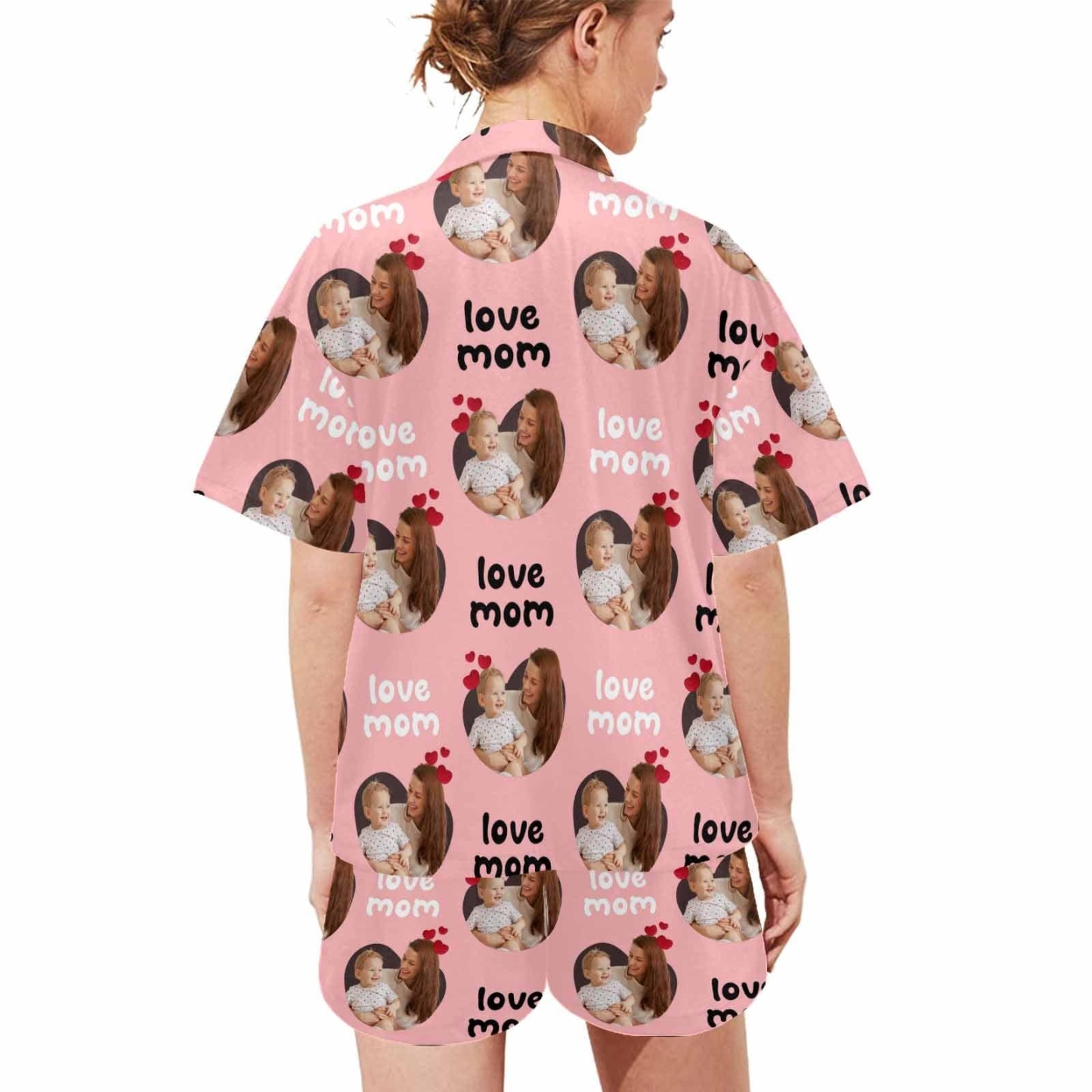 FacePajamas Pajama [Special Sale] Custom Photo Love MOM Women's V-Neck Short Pajama Set Mother's Day & Birthday Gift