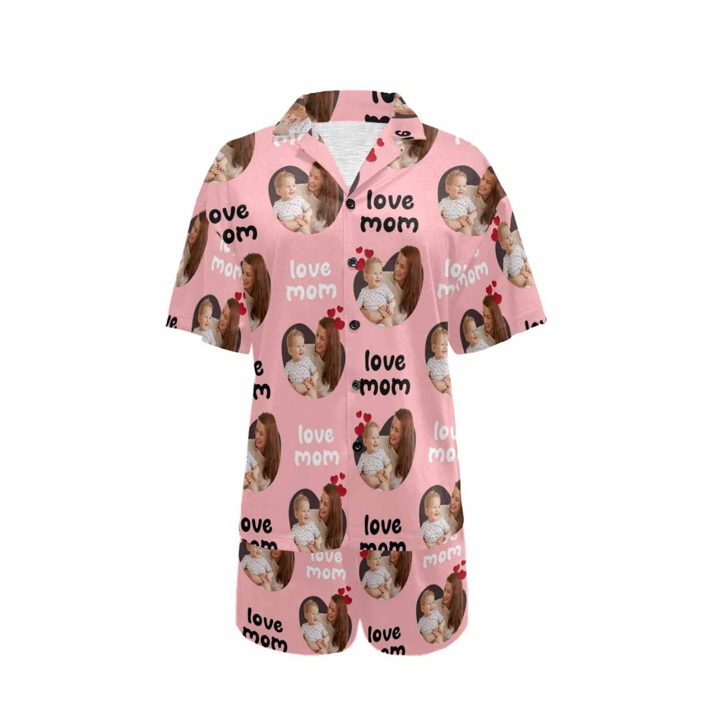 FacePajamas Pajama [Special Sale] Custom Photo Love MOM Women's V-Neck Short Pajama Set Mother's Day & Birthday Gift