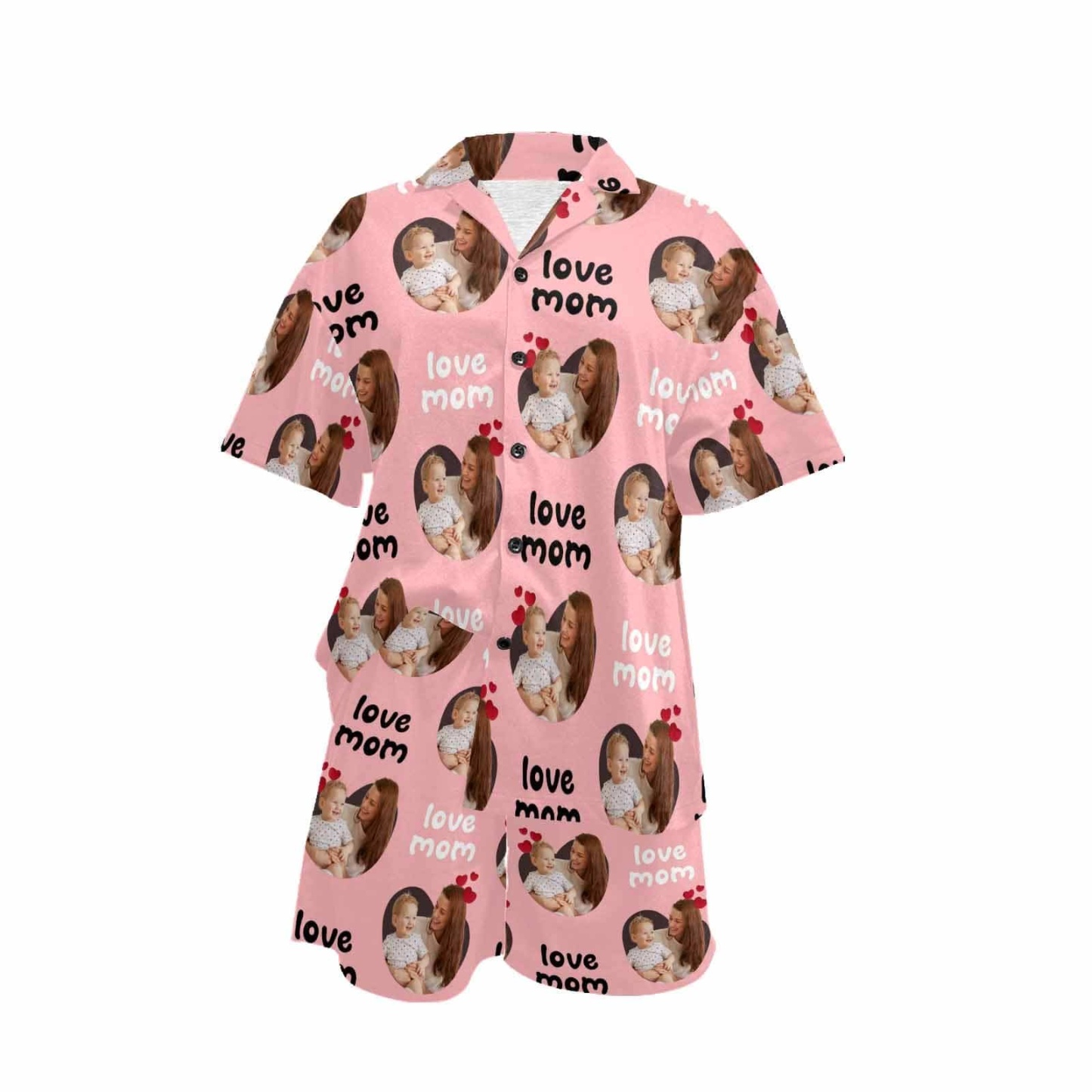 FacePajamas Pajama [Special Sale] Custom Photo Love MOM Women's V-Neck Short Pajama Set Mother's Day & Birthday Gift