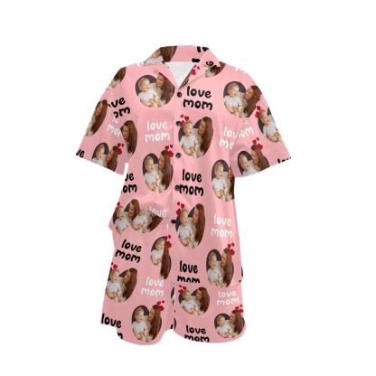 FacePajamas Pajama [Special Sale] Custom Photo Love MOM Women's V-Neck Short Pajama Set Mother's Day & Birthday Gift