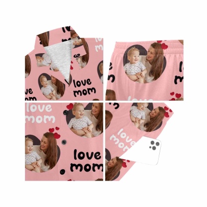FacePajamas Pajama [Special Sale] Custom Photo Love MOM Women's V-Neck Short Pajama Set Mother's Day & Birthday Gift