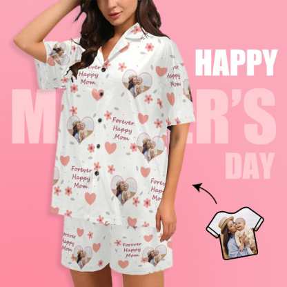 FacePajamas Pajama [Special Sale] Custom Photo Pajamas Forever Happy MOM Sleepwear Personalized Women's V-Neck Short Pajama Set Mother's Day & Birthday Gift