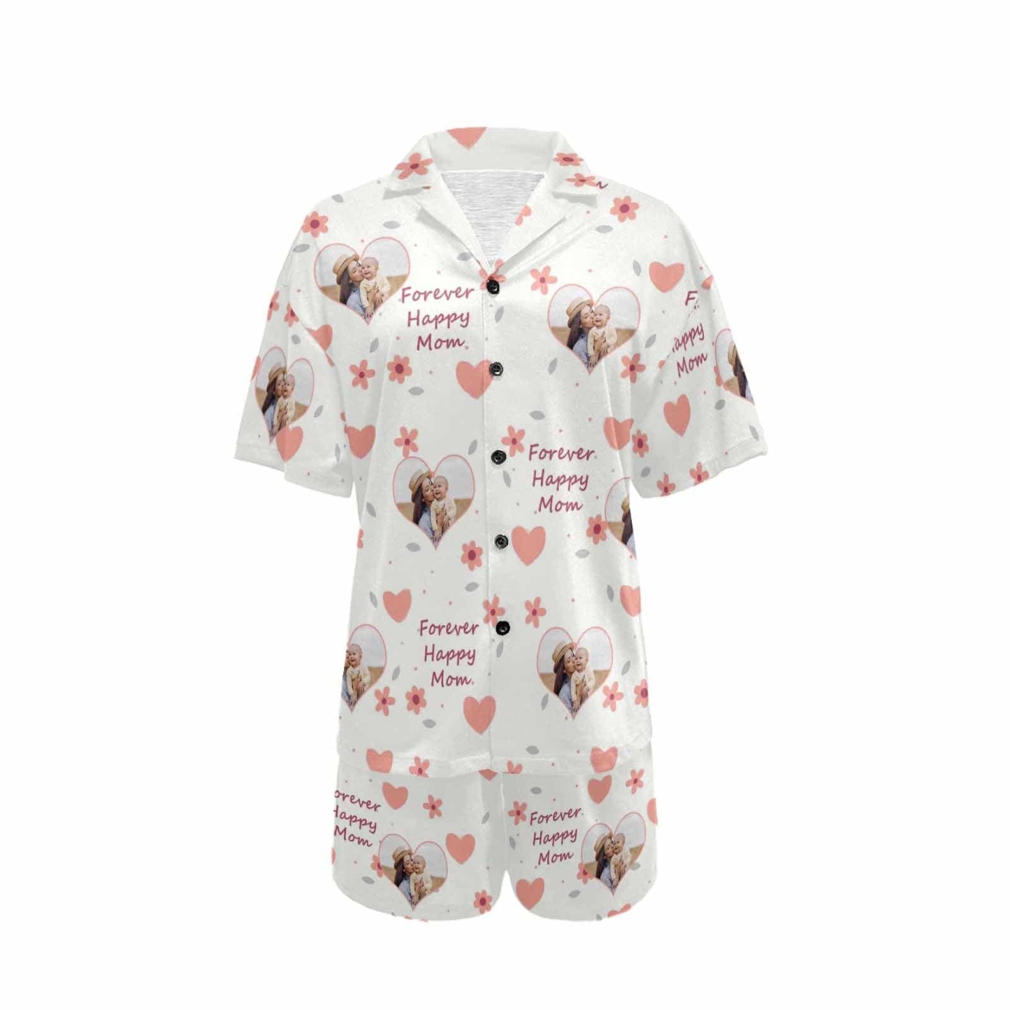 FacePajamas Pajama [Special Sale] Custom Photo Pajamas Forever Happy MOM Sleepwear Personalized Women's V-Neck Short Pajama Set Mother's Day & Birthday Gift