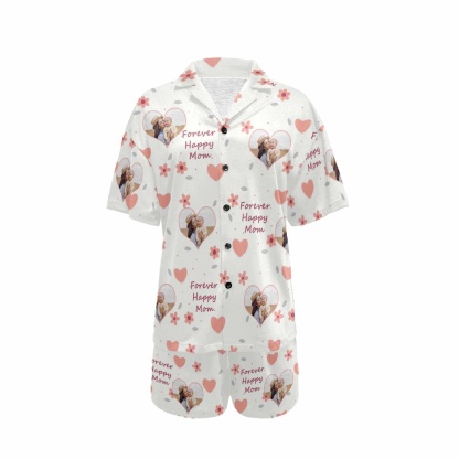 FacePajamas Pajama [Special Sale] Custom Photo Pajamas Forever Happy MOM Sleepwear Personalized Women's V-Neck Short Pajama Set Mother's Day & Birthday Gift