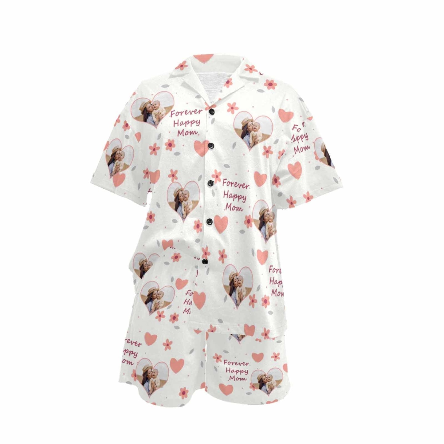 FacePajamas Pajama [Special Sale] Custom Photo Pajamas Forever Happy MOM Sleepwear Personalized Women's V-Neck Short Pajama Set Mother's Day & Birthday Gift